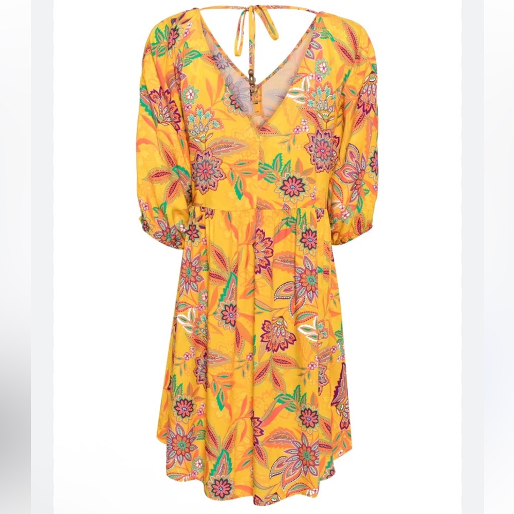 Johnny Was Sunshine Mini Dress Cover Up Small Yellow Multicolored V neck Sleeves